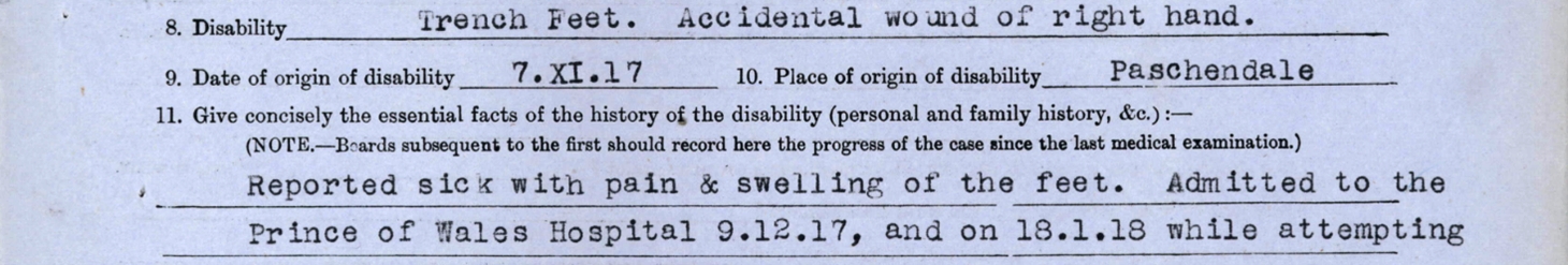 William with trench feet admitted to Prince of Wales, London, 9th December 1917